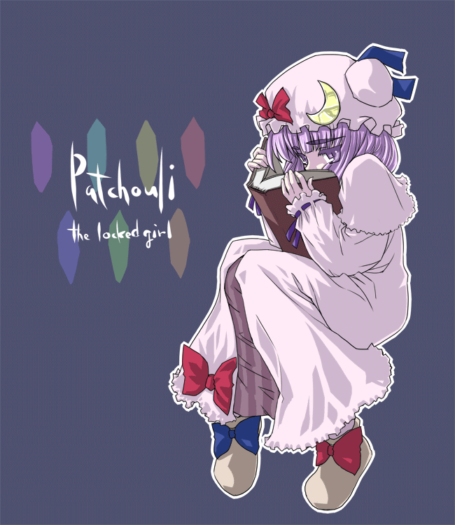 yu-ki, yuuki (snowhouse), patchouli knowledge, touhou, eyebrows, white legwear, 1girl, blue bow, blue ribbon, blunt bangs, book, bow, capelet, character name, crescent, dress, female focus, hat, hat ribbon, long sleeves, looking at viewer, mob cap, open book, purple eyes, purple hair, reading, red bow, red ribbon, ribbon, ribbon trim, simple background, slippers, solo, striped clothes, striped dress, vertical stripes