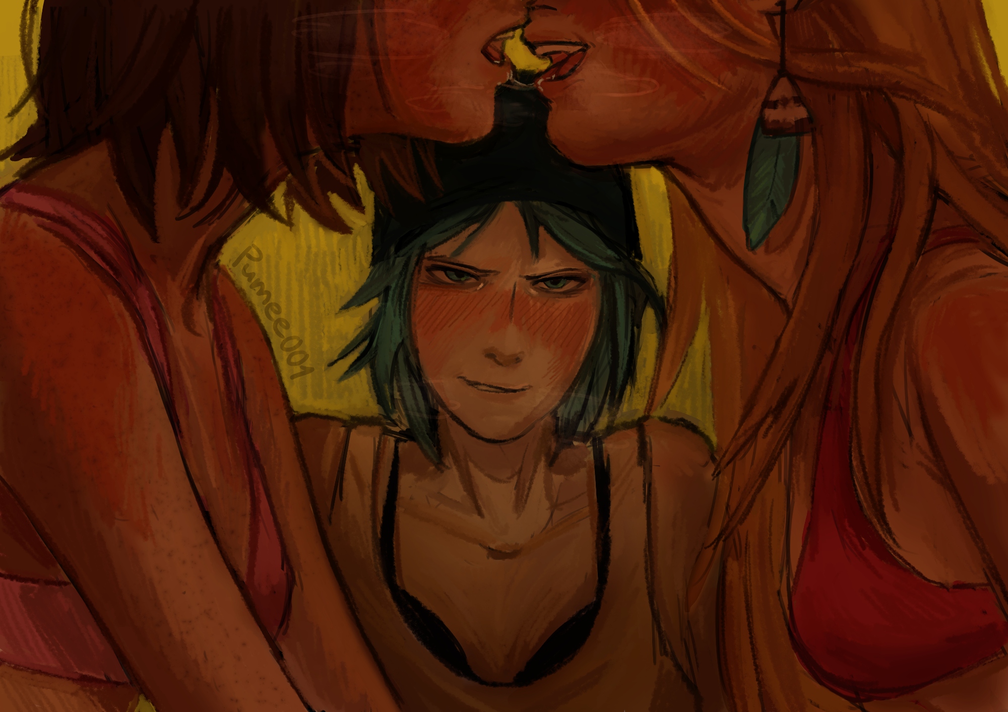 chloe price, max caulfield, rachel amber, life is strange (series), life is strange 1, highres, 3girls, artist name, beanie, black bra, black hat, blonde hair, blue hair, blush, bra, bra peek, brown hair, earrings, hat, jewelry, long hair, multiple girls, open mouth, pink bra, pumee001, short hair, tank top, underwear, white tank top, yuri