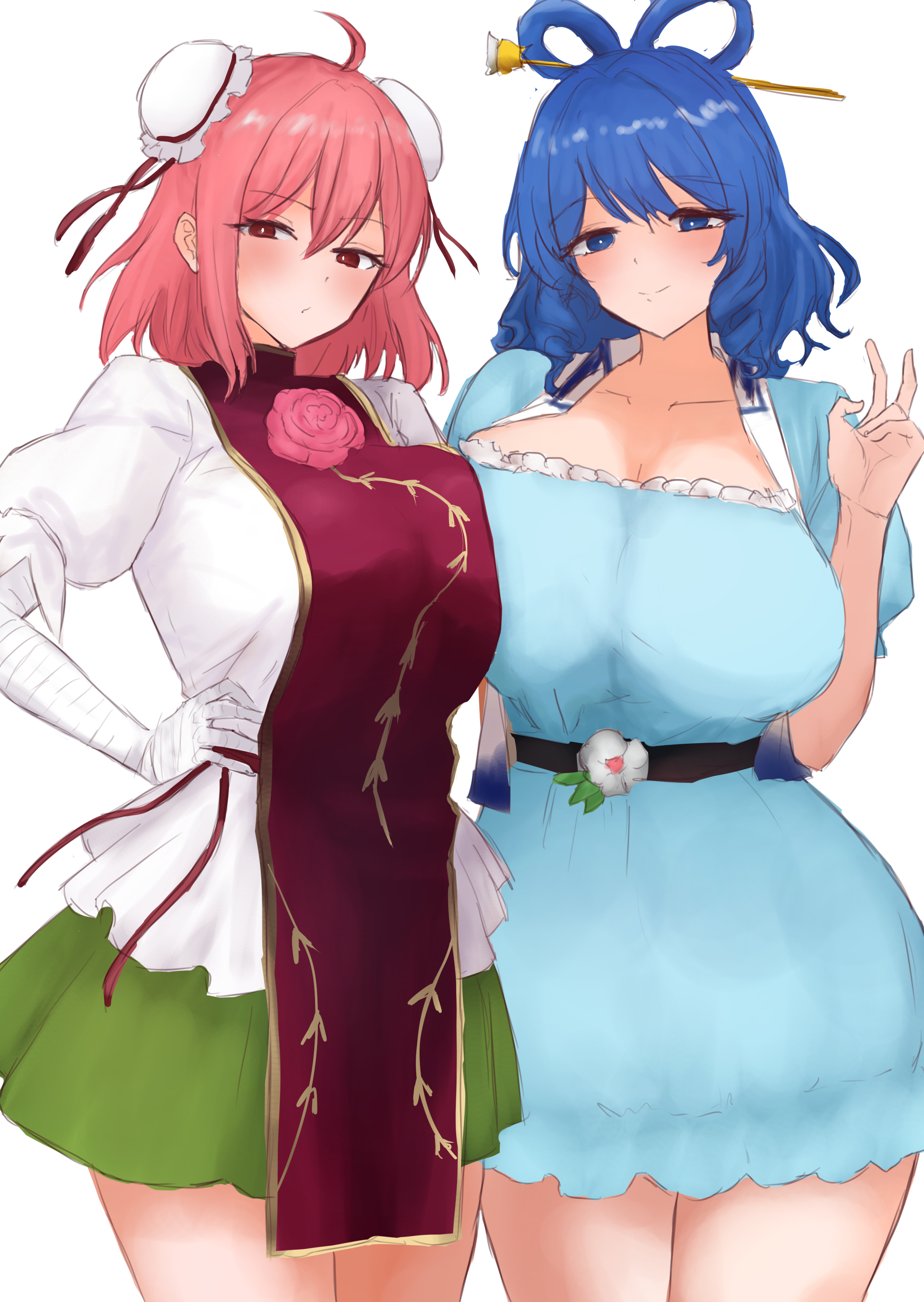 moriforest1040, ibaraki kasen, kaku seiga, touhou, absurdres, commentary request, highres, 2girls, :/, alternate breast size (larger), asymmetrical docking, bandaged arm, bandages, bent v, blue dress, blue hair, blush, breast press, breasts, bright pupils, bun cover, cleavage, collarbone, dated commentary, double bun, dress, green skirt, hair bun, hair ornament, hair rings, hair stick, hand on own hip, huge breasts, looking at viewer, medium hair, multiple girls, pink hair, puffy short sleeves, puffy sleeves, red tabard, shirt, short sleeves, skirt, smile, tabard, thighs, v, white pupils, white shirt