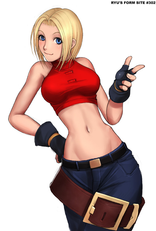 ryu (ryu's form site), blue mary, fatal fury, snk, the king of fighters, 1girl, belt, belt skirt, blonde hair, blue eyes, bra, cowboy shot, female focus, fingerless gloves, gloves, halterneck, hand on own hip, head tilt, lingerie, midriff, narrow waist, off shoulder, shirt, simple background, skinny, slender, solo, sports bra, taut clothes, taut shirt, underwear