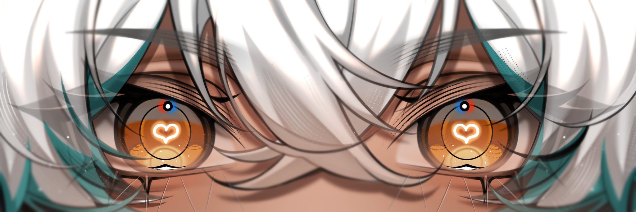 original, commentary, commission, english commentary, highres, vgen commission, 1other, close-up, crossed bangs, eye focus, eyelashes, green streaks, hair between eyes, heart, heart-shaped pupils, kurase 07, looking at viewer, multicolored hair, solo, straight-on, streaked hair, symbol-shaped pupils, white hair, yellow eyes