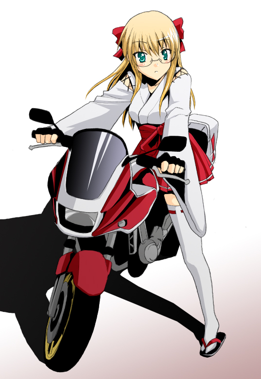 saki chisuzu, vehicle, adapted uniform, blonde hair, glasses, green eyes, japanese clothes, miko, motor vehicle, motorcycle, skirt, solo, standing, thighhighs