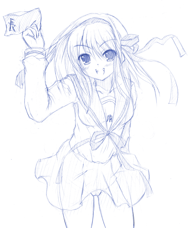 johnny (from scratch), suzumiya haruhi, suzumiya haruhi no yuuutsu, 00s, 1girl, :d, breasts, collarbone, female focus, hair ribbon, hairband, holding, lineart, long sleeves, looking at viewer, monochrome, open mouth, paper, purple theme, ribbon, sailor collar, school uniform, serafuku, short hair, simple background, skirt, smile, solo, white background