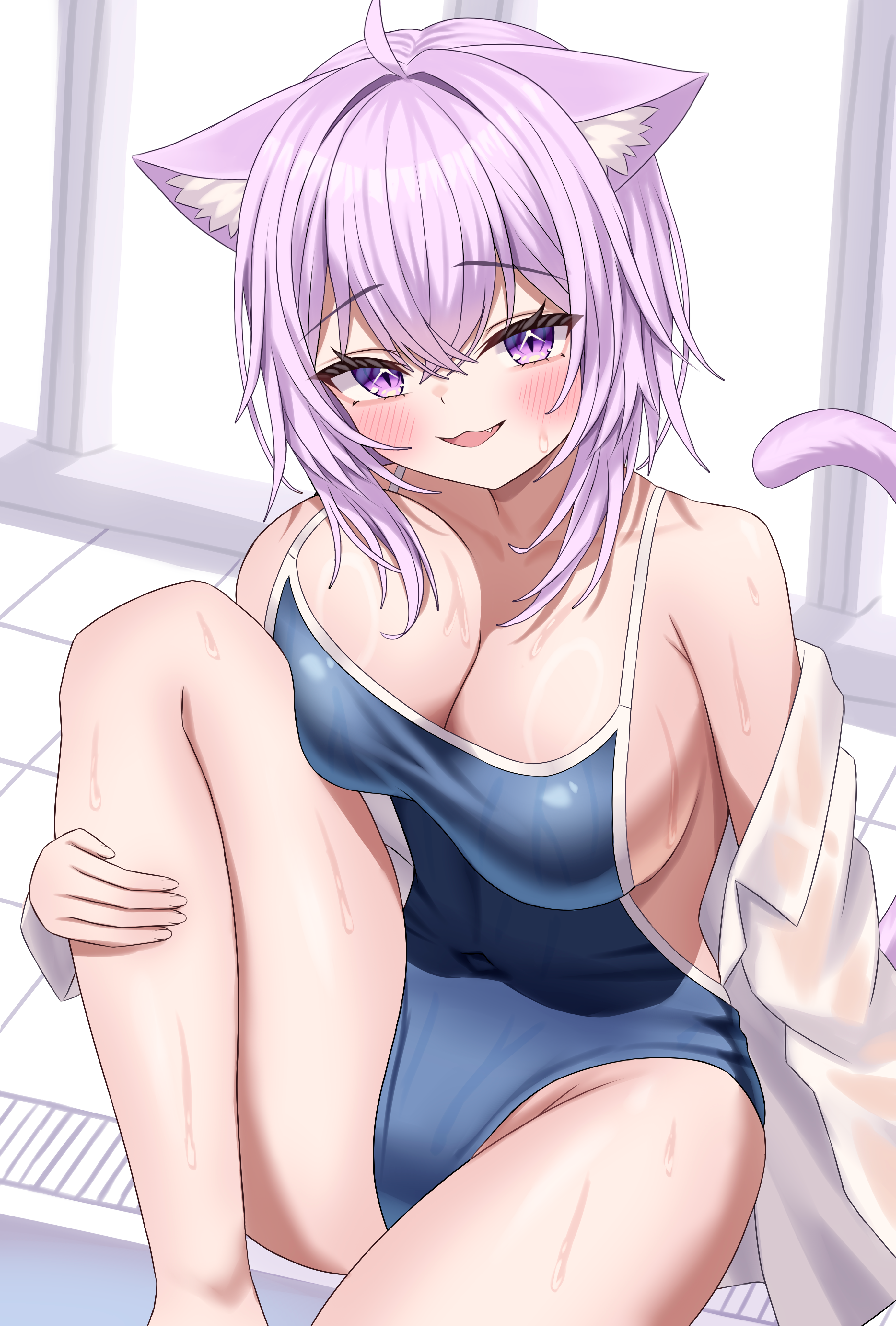 kumoru (kumoru 145), nekomata okayu, hololive, absurdres, highres, 1girl, animal ears, bare shoulders, blue one-piece swimsuit, blush, breasts, cat ears, cat girl, cat tail, cleavage, indoors, large breasts, long sleeves, looking at viewer, medium hair, off shoulder, one-piece swimsuit, open clothes, parted lips, purple eyes, purple hair, school swimsuit, shirt, sitting, smile, solo, swimsuit, tail, white shirt