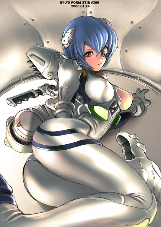ryu (ryu's form site), ayanami rei, neon genesis evangelion, 1girl, ass, blue hair, bodysuit, breasts, female focus, interface headset (evangelion), large breasts, mecha pilot suit, nipples, plugsuit (evangelion), red eyes, shiny clothes, short hair, skin tight, solo, torn clothes