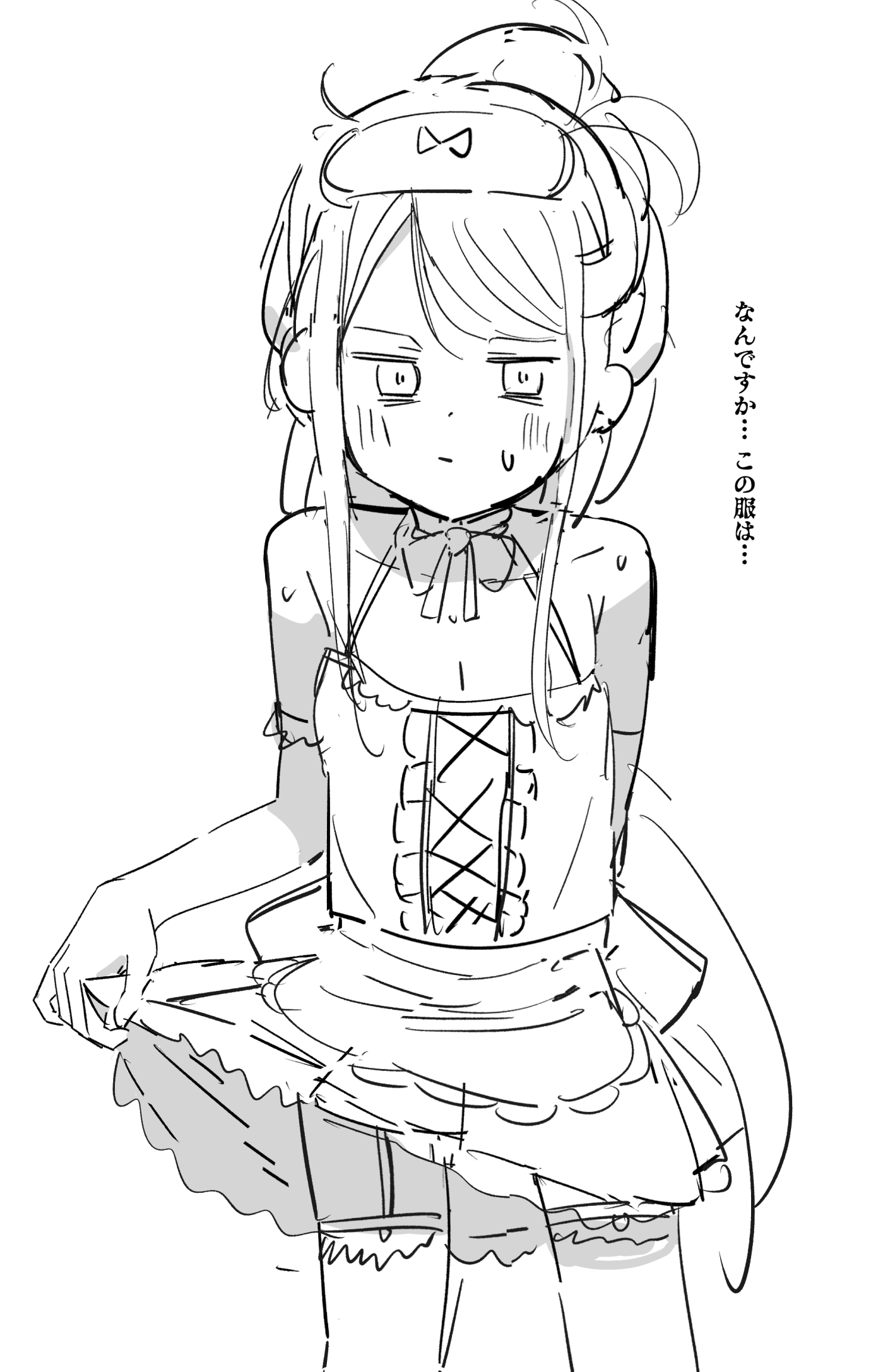 nishi yasuaki, kei (blue archive), blue archive, highres, 1girl, arm behind back, bare shoulders, blush, bow, bowtie, closed mouth, clothes lift, collarbone, cowboy shot, cropped legs, dress, elbow gloves, garter straps, gloves, greyscale, lifting own clothes, long hair, looking at viewer, mask, mask on head, monochrome, sidelocks, simple background, sketch, skirt, skirt hold, skirt lift, sleep mask, sleeveless, sleeveless dress, solo, standing, sweat, thighhighs, white background