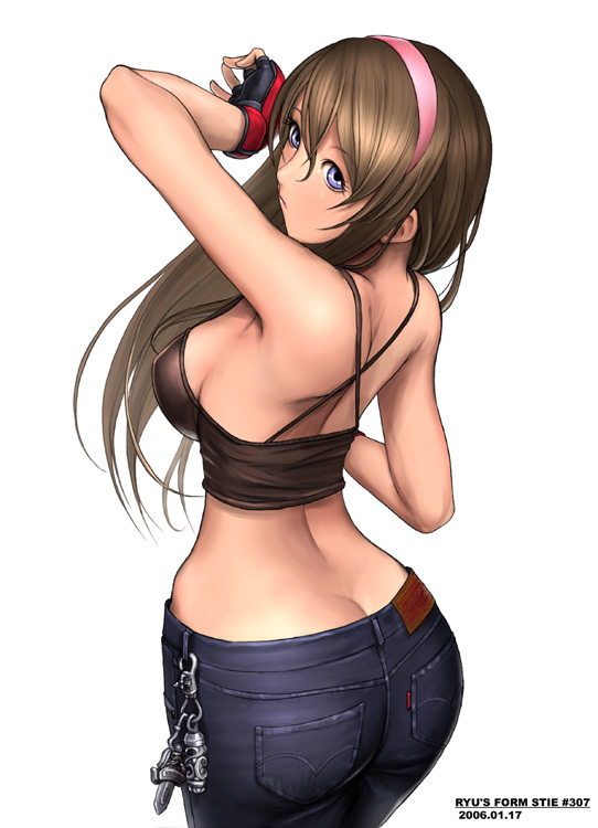 ryu (ryu's form site), hitomi (doa), dead or alive, tecmo, 1girl, ass, blue eyes, breasts, brown hair, butt crack, curvy, denim, female focus, hairband, jeans, large breasts, pants, sideboob, solo