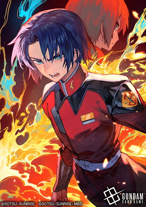 lack, athrun zala, kira yamato, gundam, gundam seed, official art, 2boys, angry, belt, blue eyes, blue hair, brown hair, copyright notice, fire, frown, gundam card game, high collar, jacket, long sleeves, male focus, military jacket, multiple boys, open mouth, red jacket, short hair, upper body, zaft uniform
