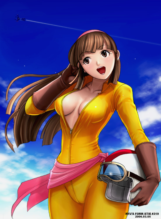 ryu (ryu's form site), yumi sayaka, mazinger (series), mazinger z, toei company, 1970s (style), 1girl, adjusting hair, blunt bangs, bodysuit, breasts, breasts apart, brown eyes, brown hair, center opening, cleavage, cowboy shot, curvy, female focus, gloves, headband, helmet, holding, holding unworn helmet, long hair, narrow waist, oldschool, open bodysuit, open clothes, retro artstyle, solo, spandex, unworn helmet, unzipped, wide hips, zipper