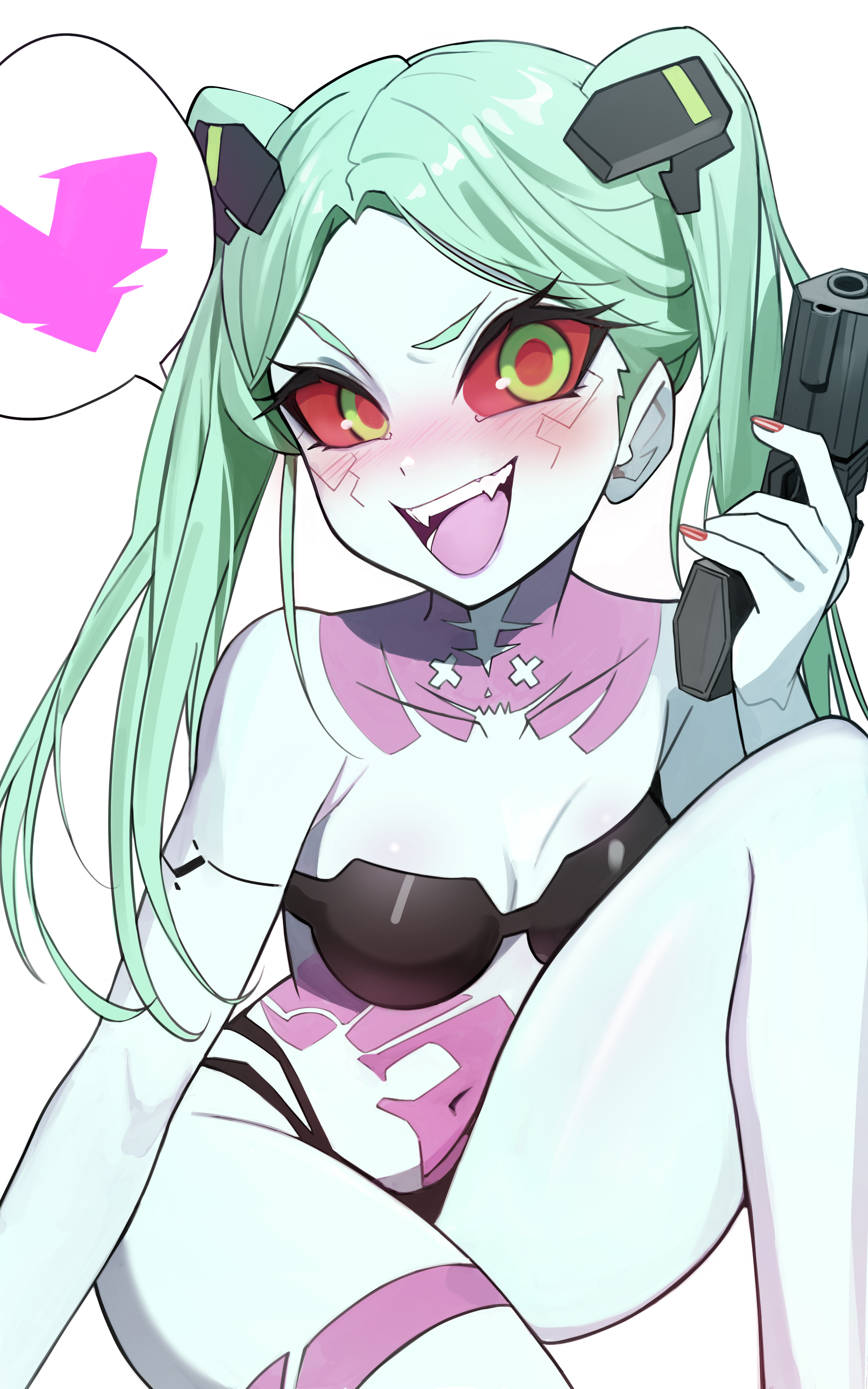 kiritzugu, rebecca (cyberpunk), cyberpunk: edgerunners, cyberpunk (series), absurdres, highres, 1girl, bare shoulders, black bra, black panties, blush, bra, breasts, colored sclera, colored skin, forehead, green eyes, green hair, gun, hairband, leg tattoo, long hair, looking at viewer, navel, neck tattoo, open mouth, panties, parted bangs, red sclera, small breasts, smile, solo, stomach tattoo, tattoo, thighs, twintails, underwear, weapon, white skin