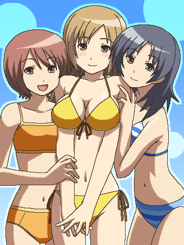awa, atsuko (minami-ke), maki (minami-ke), minami haruka, minami-ke, lowres, 00s, 3girls, bikini, black hair, blonde hair, brown eyes, brown hair, girl sandwich, jaggy lines, multiple girls, oekaki, sandwiched, side-tie bikini bottom, striped bikini, striped clothes, swimsuit