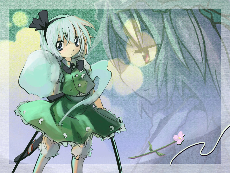 neki-t, konpaku youmu, konpaku youmu (ghost), saigyouji yuyuko, touhou, silver hair, 2girls, bloomers, dual wielding, female focus, flower, from side, green skirt, grey eyes, hat, hitodama, holding, looking at viewer, mob cap, multiple girls, pink eyes, profile, puffy short sleeves, puffy sleeves, sheath, short sleeves, skirt, skirt set, standing, sword, underwear, vest, weapon, white bloomers