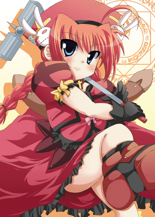 k hiro, graf eisen, vita (nanoha), lyrical nanoha, mahou shoujo lyrical nanoha, mahou shoujo lyrical nanoha a's, 00s, 1girl, ahoge, blue eyes, braid, female focus, gloves, hammer, hat, magic circle, magical girl, red hair, solo, twin braids