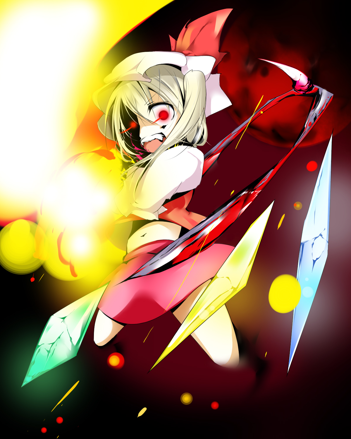 oouso, flandre scarlet, touhou, highres, 1girl, blonde hair, blood, crazy eyes, female focus, full moon, hat, hat ribbon, looking at viewer, midriff, mob cap, moon, open mouth, puffy short sleeves, puffy sleeves, red eyes, red moon, red ribbon, red skirt, ribbon, short sleeves, side ponytail, skirt, skirt set, solo, teeth, vest, wings