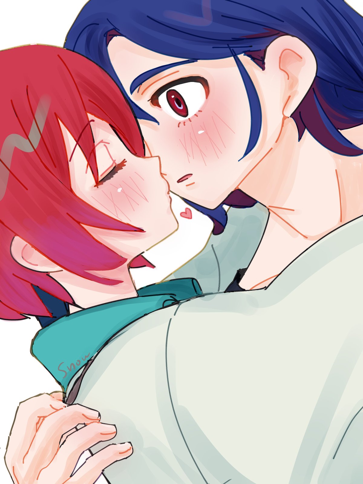 amate yuzuriha, shuji ito, gundam, gundam gquuuuuux, highres, 1boy, 1girl, blue hair, blush, closed eyes, colored inner hair, heart, imminent kiss, looking at another, multicolored hair, open mouth, purple hair, red eyes, red hair, schnee 7, school uniform, short hair, simple background, sweater, two-tone hair, upper body, white background, wide-eyed