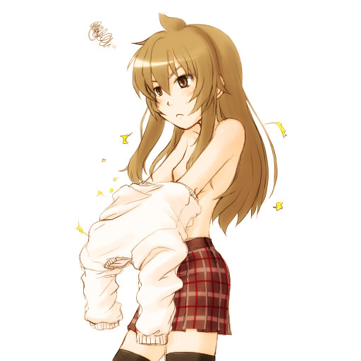 caryo, takeda yukimura, minami chiaki, minami-ke, 00s, 1girl, ahoge, brown eyes, brown hair, female focus, long hair, solo, thighhighs, topless female, undressing