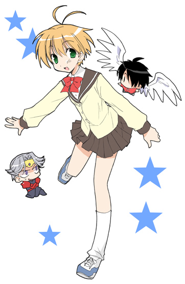tamaoka kagari, dilandau albatou, kanzaki hitomi, van fanel, tenkuu no escaflowne, 1990s (style), 1girl, 2boys, ahoge, antenna hair, chibi, kneehighs, mini person, miniboy, multiple boys, retro artstyle, school uniform, serafuku, short hair, simple background, socks, star (symbol), white background, white socks, wings