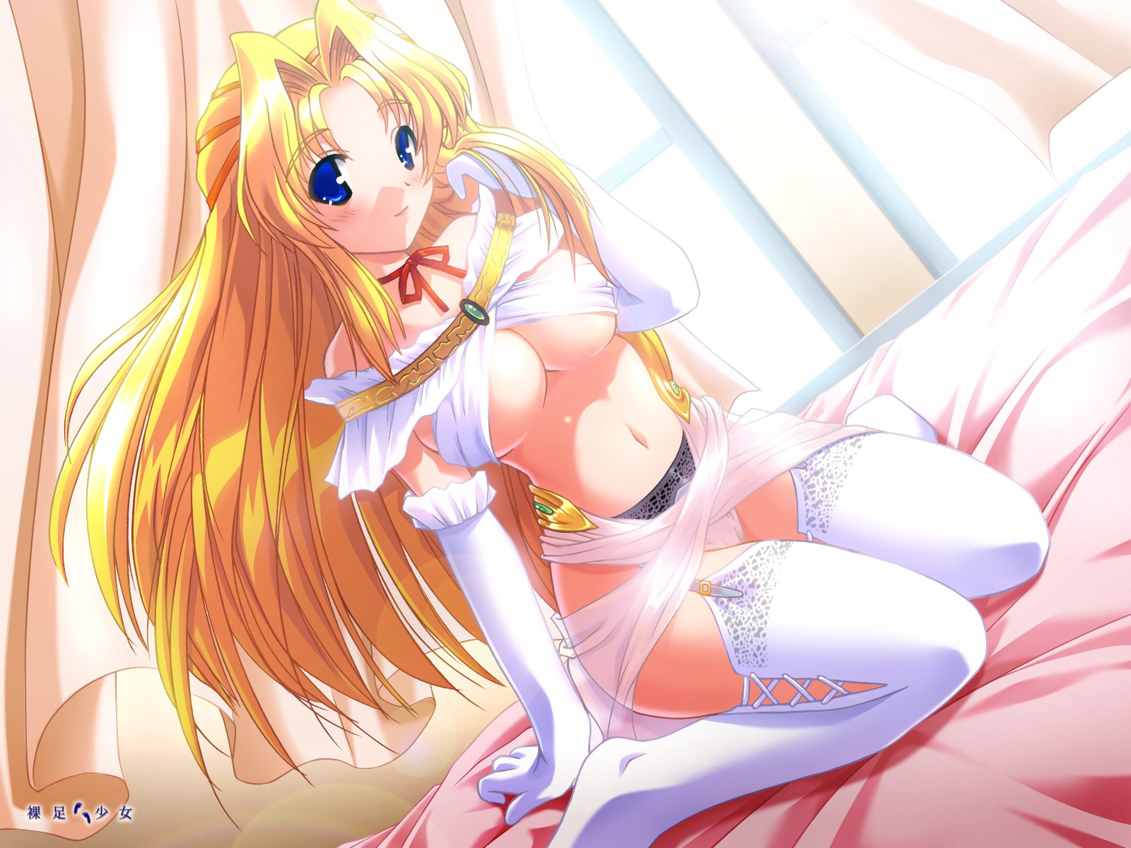 hadashi shoujo, highres, 1girl, bare shoulders, bed, blonde hair, blue eyes, bow, breasts, choker, dutch angle, elbow gloves, female focus, garter belt, gloves, kneeling, large breasts, legs folded, lingerie, long hair, midriff, ribbon, sitting, solo, thighhighs, underboob, underwear