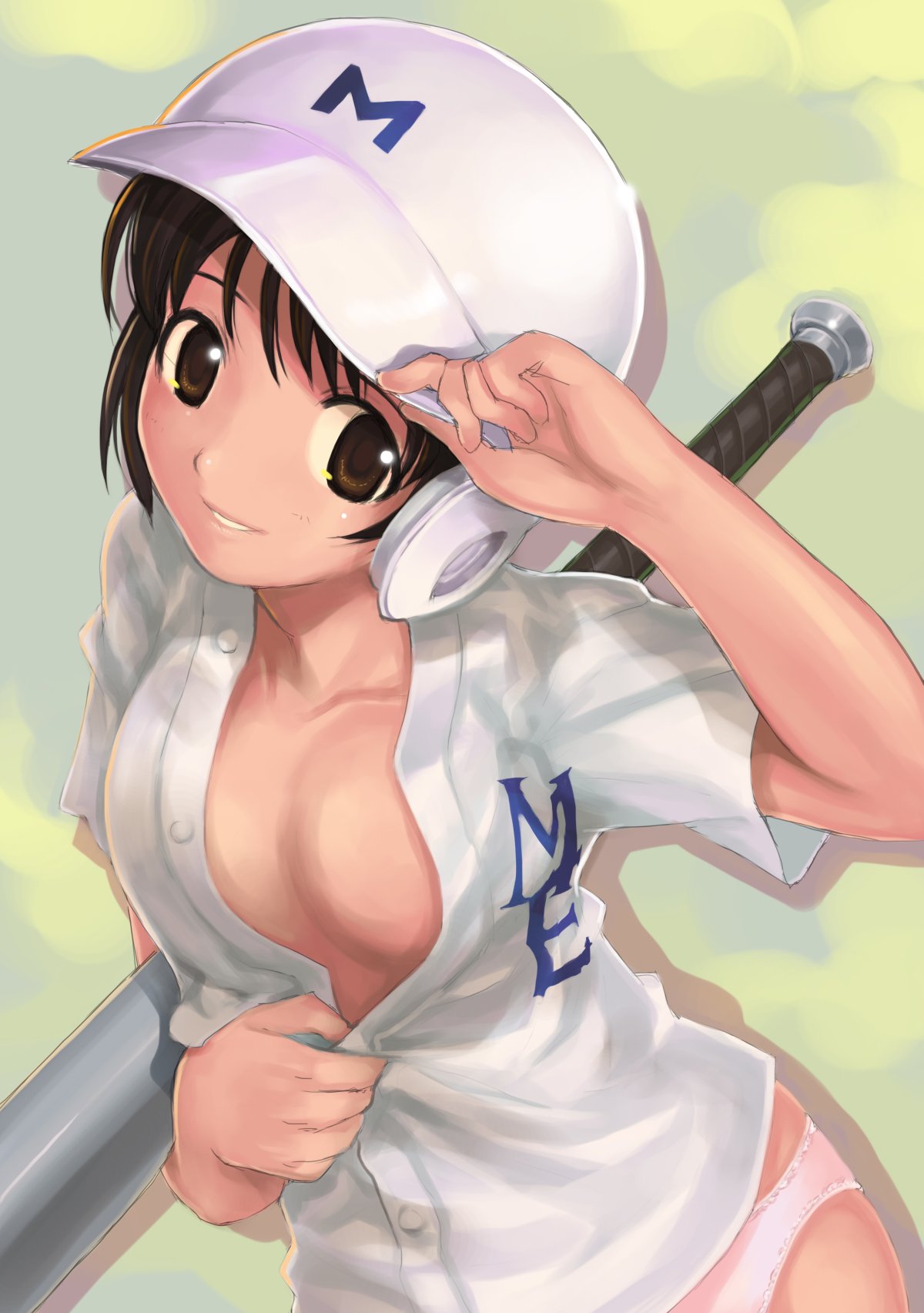 mikazuki akira!, shimizu kaoru, major, highres, 00s, 1girl, baseball, baseball bat, baseball helmet, blouse, breasts, brown eyes, brown hair, cleavage, female focus, helmet, no bra, no pants, open clothes, open shirt, panties, pink panties, shirt, short hair, sketch, smile, solo, standing, unbuttoned, underwear, undressing, white panties