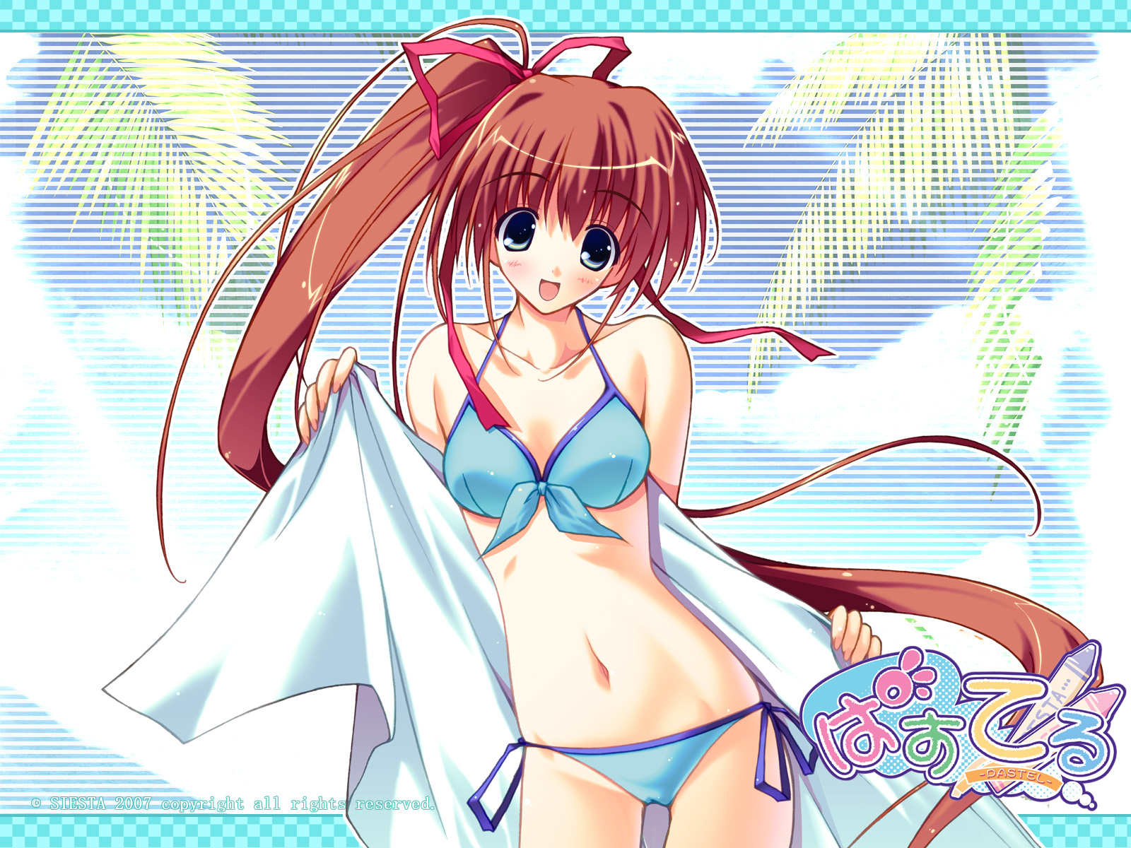 amane sou, momose mio, pastel (game), highres, 1girl, bikini, female focus, hair ribbon, long hair, ponytail, ribbon, side-tie bikini bottom, side ponytail, solo, swimsuit