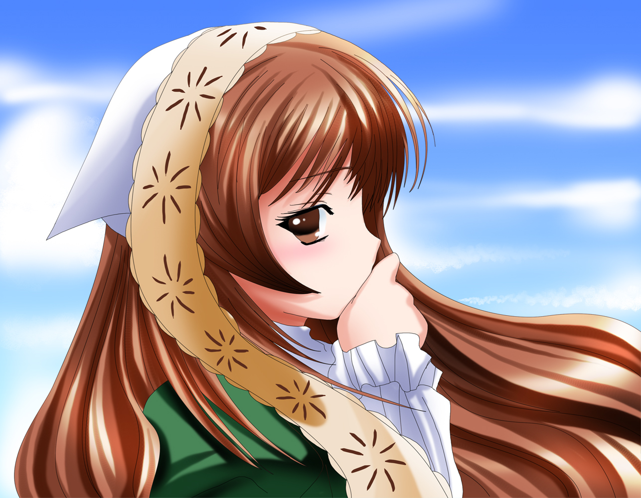 namamo nanase, suiseiseki, rozen maiden, 00s, 1girl, blue sky, blush, brown eyes, brown hair, covering own mouth, day, female focus, from side, headscarf, long hair, looking at viewer, looking to the side, sky, solo, upper body, very long hair, white headscarf