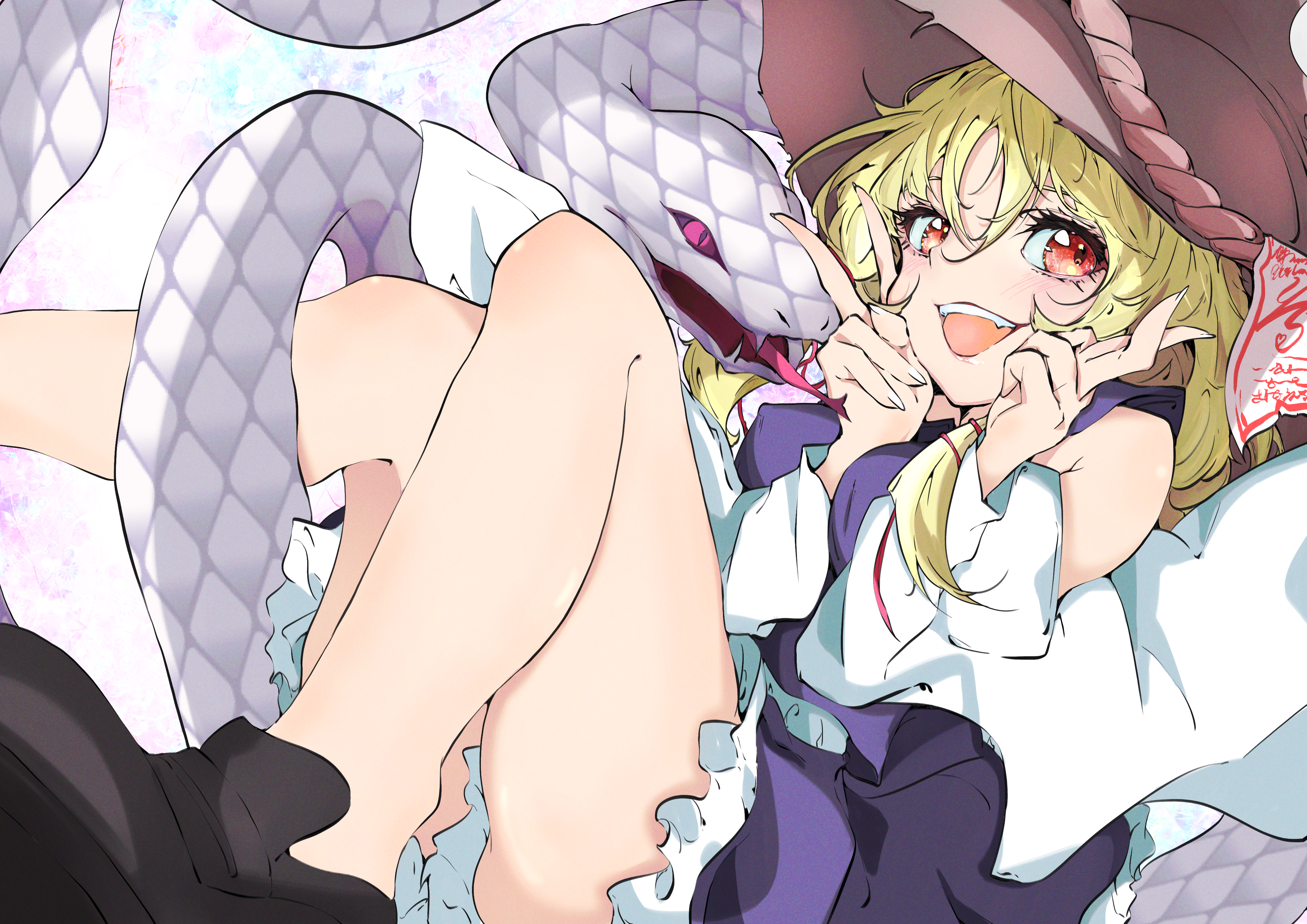 unanooo (fthx7532), mishaguji, moriya suwako, touhou, absurdres, highres, 1girl, bare shoulders, blonde hair, detached sleeves, hat, long hair, long sleeves, purple skirt, purple vest, red eyes, ribbon, skirt, skirt set, smile, snake, solo, tongue, tongue out, v, vest, wide sleeves