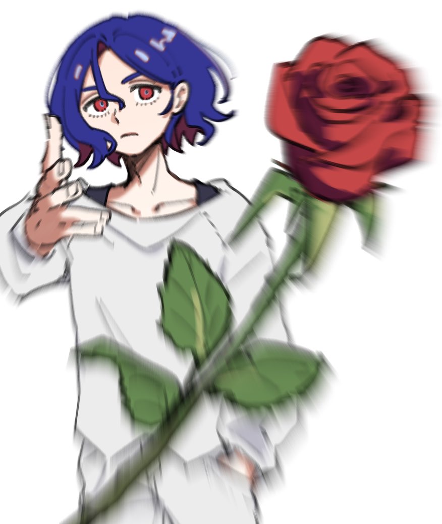 shuji ito, gundam, gundam gquuuuuux, 1boy, blue hair, colored inner hair, cowboy shot, flower, hand in pocket, karaage unai, looking at viewer, lower eyelashes only, male focus, meme, motion blur, multicolored hair, purple hair, red eyes, red flower, red rose, rose, shirt, short hair, simple background, solo, throwing, tossing, two-tone hair, white background, white shirt, woe plague be upon ye (meme)