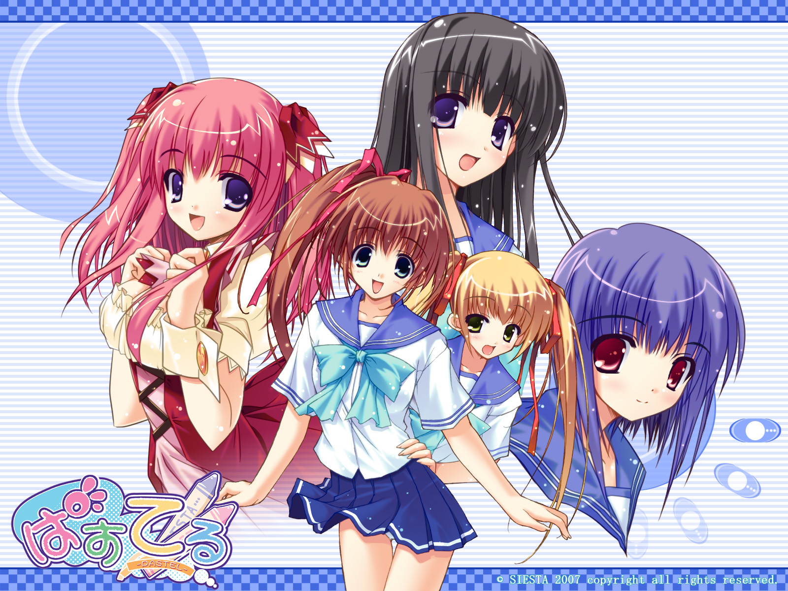 hazuki sakura, himemiya arisu, kusanagi yukino, momose mio, yuuki haruka, pastel (game), highres, 5girls, everyone, multiple girls, school uniform, serafuku
