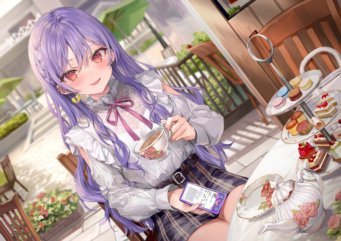 momoko (momopoco), indie virtual youtuber, commentary, english commentary, second-party source, 1girl, belt, black belt, braid, cake, cellphone, chair, clothing cutout, cup, food, hair between eyes, holding, holding cup, holding phone, long hair, long sleeves, looking at viewer, nakase hirose, on chair, open mouth, outdoors, phone, plate, purple hair, shirt, sitting, skirt, smartphone, smile, solo, teacup, teapot, virtual youtuber, white shirt, wooden chair