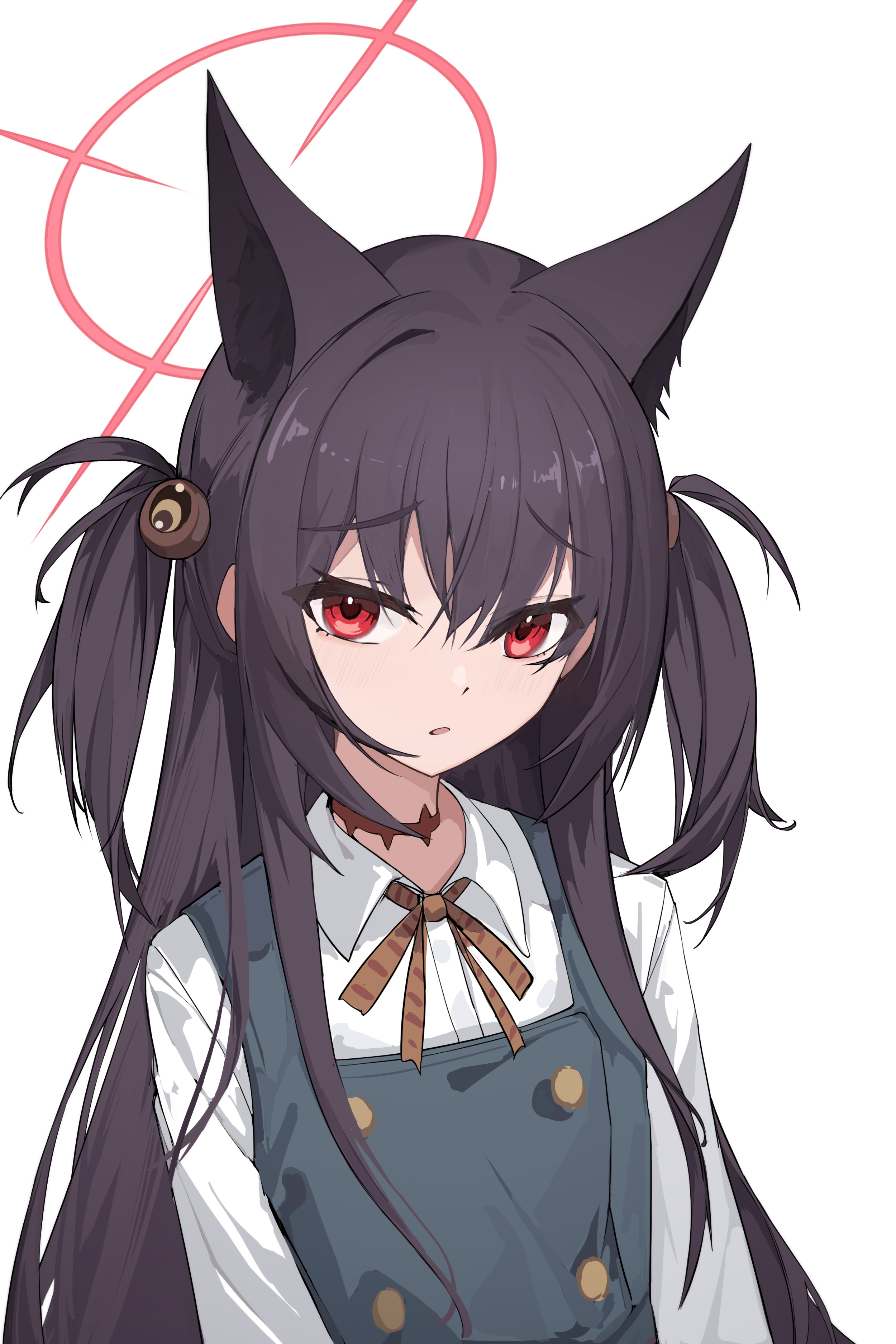 nammmmer, kanoe (blue archive), yukino (blue archive), blue archive, absurdres, highres, 1girl, alternate costume, alternate hairstyle, animal ear fluff, animal ears, black hair, brown ribbon, cosplay, dress, extra ears, flat chest, fox ears, fox girl, grey dress, hair between eyes, halo, kanoe (blue archive) (cosplay), long hair, open mouth, red eyes, red halo, ribbon, shirt, sidelocks, solo, two side up, upper body, white shirt
