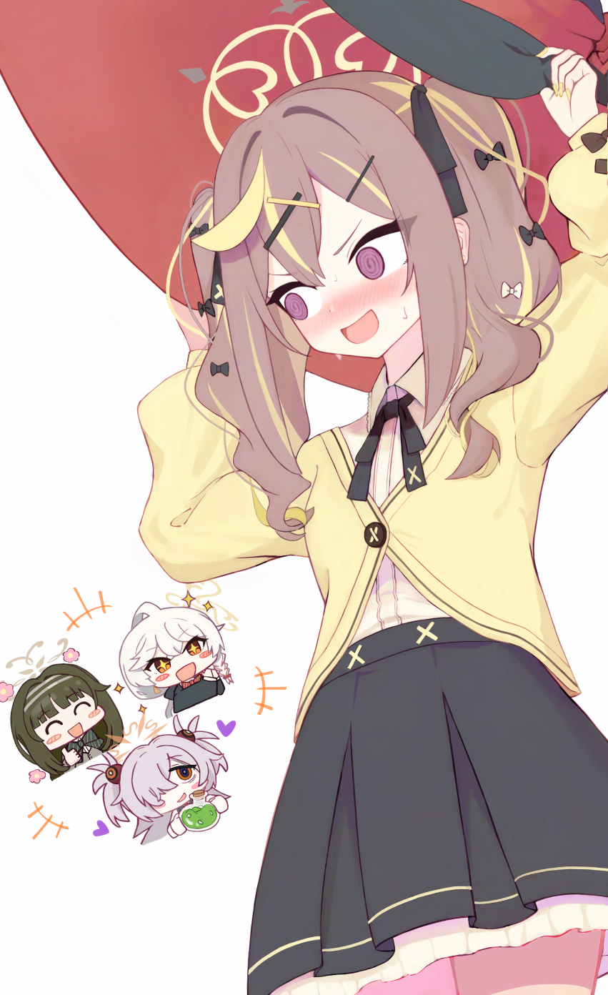 freshd 0325, eri (blue archive), kanoe (blue archive), rena (blue archive), tsumugi (blue archive), blue archive, commentary, highres, +++, 4girls, @ @, black bow, black ribbon, black skirt, blonde hair, blush, bow, brown hair, cardigan, chibi, chibi inset, cowboy shot, hair bow, hair ornament, hairclip, halo, hat, long hair, long sleeves, multicolored hair, multiple girls, neck ribbon, nose blush, purple eyes, ribbon, shirt, simple background, skirt, solo focus, streaked hair, two-tone hair, white background, white shirt, witch hat, yellow cardigan, yellow halo