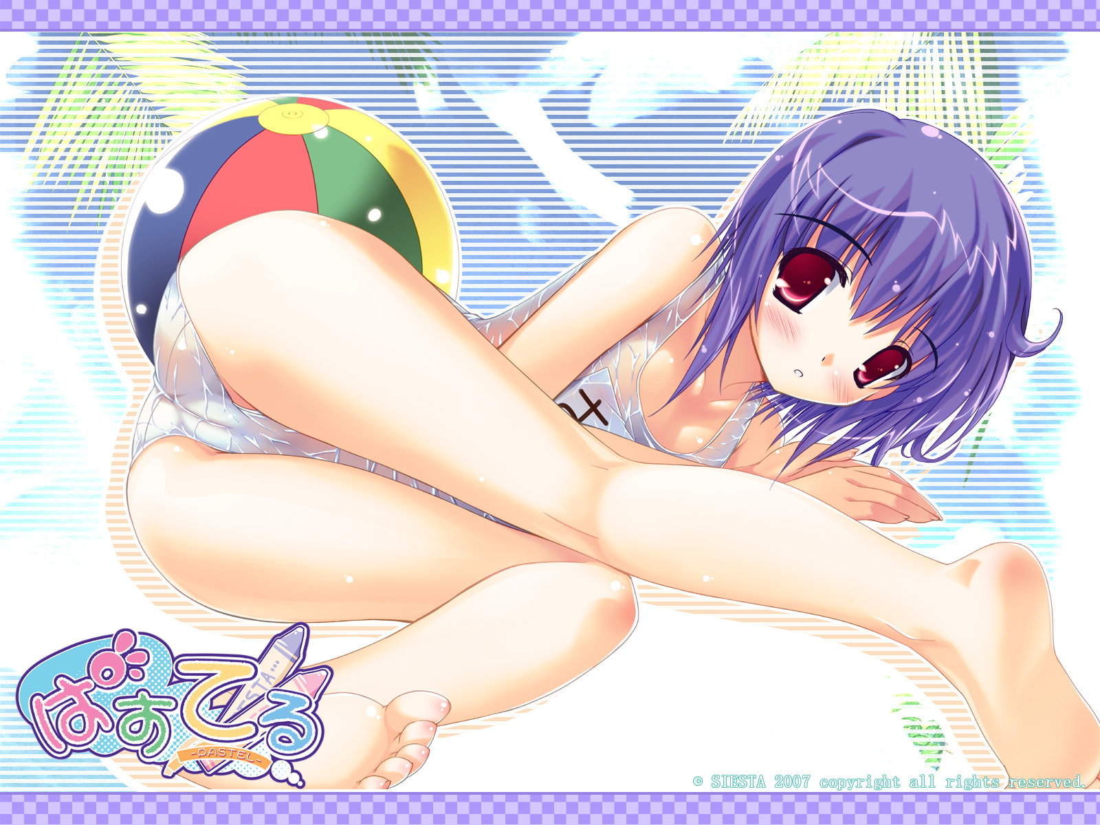 yuki usagi, hazuki sakura, pastel (game), highres, ass, ball, barefoot, beachball, blue hair, cameltoe, feet, name tag, one-piece swimsuit, red eyes, school swimsuit, see-through clothes, soles, solo, swimsuit, toes, wet, white one-piece swimsuit, white school swimsuit
