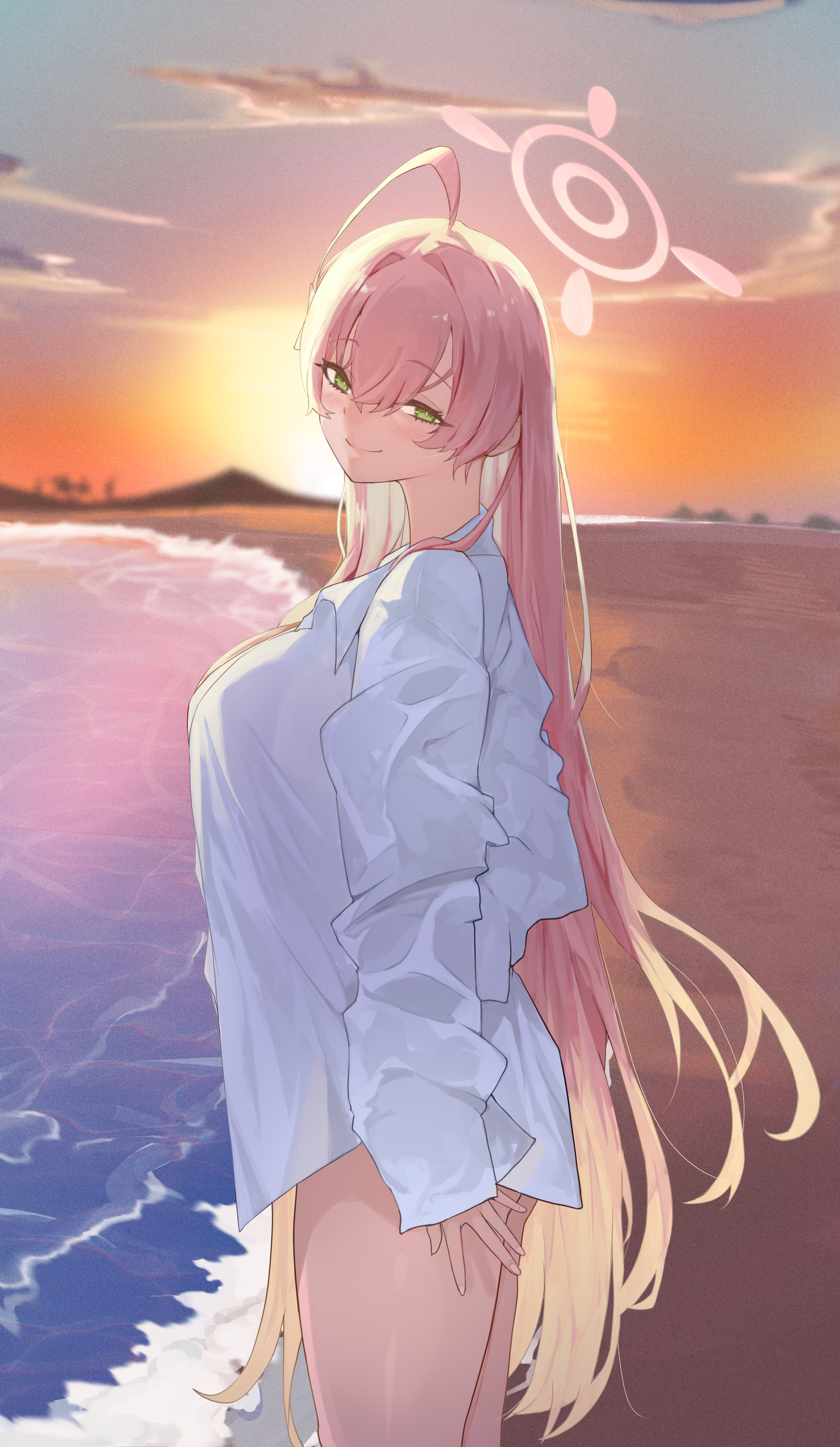 chankuro, hanako (blue archive), hanako (swimsuit) (blue archive), blue archive, absurdres, commentary, highres, 1girl, ahoge, beach, blonde hair, blush, breasts, fingernails, gradient hair, green eyes, halo, huge ahoge, large breasts, long hair, looking at viewer, multicolored hair, no pants, official alternate costume, outdoors, pink hair, shirt, smile, solo, straight hair, sunset, thighs, very long hair, white shirt