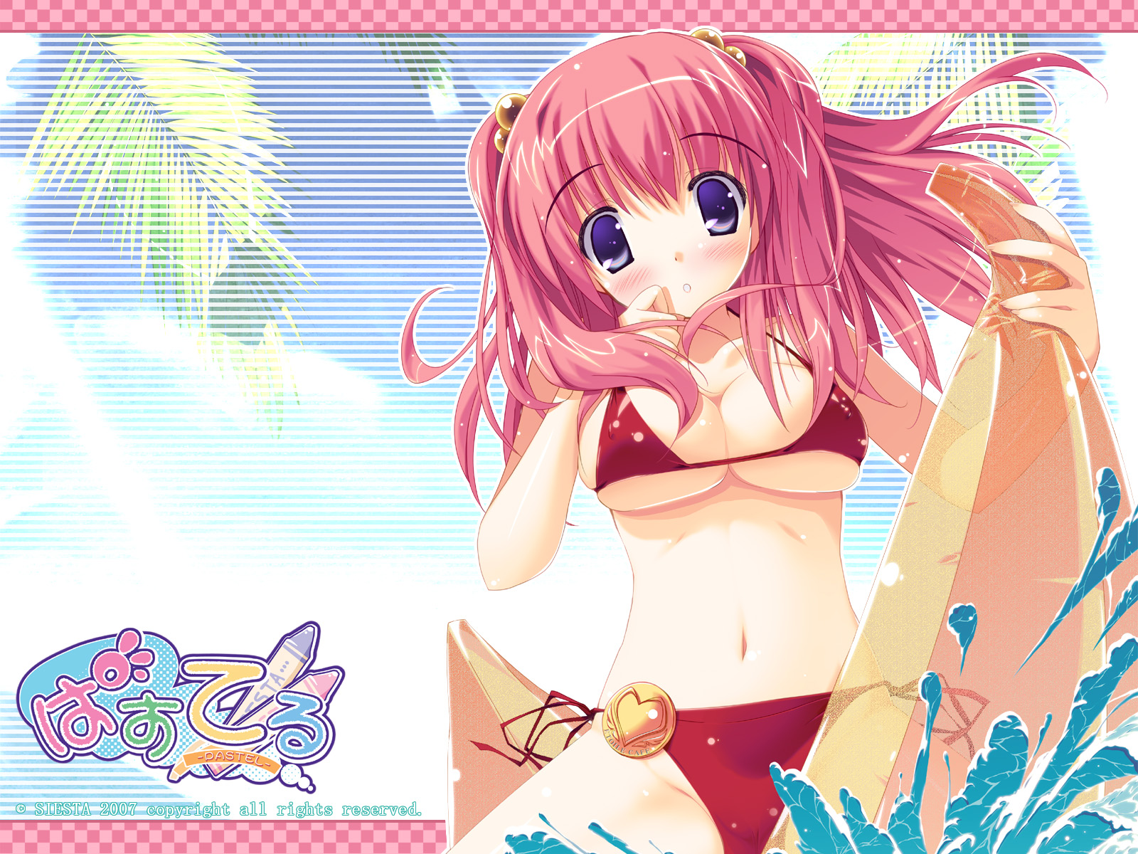 yuki usagi, himemiya arisu, pastel (game), highres, banana boat, bikini, blue eyes, breasts, huge breasts, large breasts, pink hair, red bikini, side-tie bikini bottom, solo, swimsuit, twintails