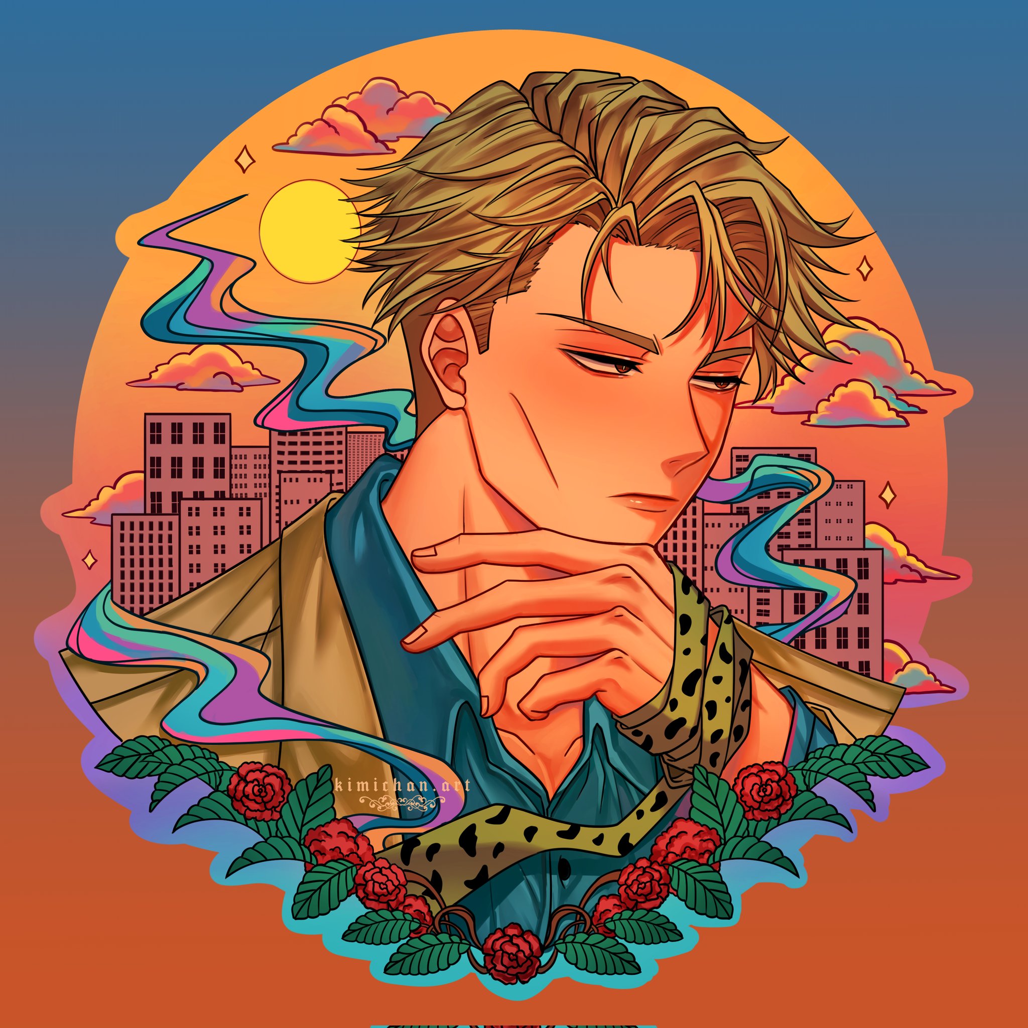 kimichan, nanami kento, jujutsu kaisen, highres, 1boy, aegyo sal, animal print, blonde hair, blue shirt, bright pupils, brown eyes, cheekbones, closed mouth, collared shirt, flower, formal clothes, grey suit, hand on own chin, leopard print, looking to the side, male focus, necktie, nose, parted bangs, red flower, shirt, short hair, slit pupils, solo, sparkle, suit, undercut, white pupils, yellow necktie