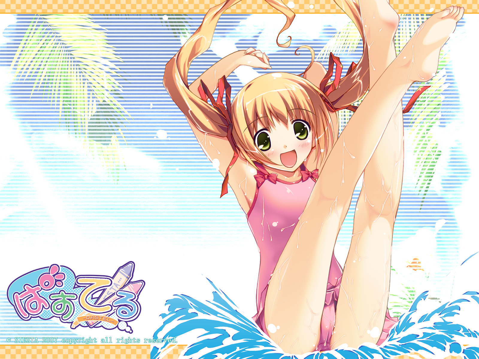 yuki usagi, yuuki haruka, pastel (game), highres, barefoot, blonde hair, feet, one-piece swimsuit, soles, solo, swimsuit, toes, twintails, water, wet