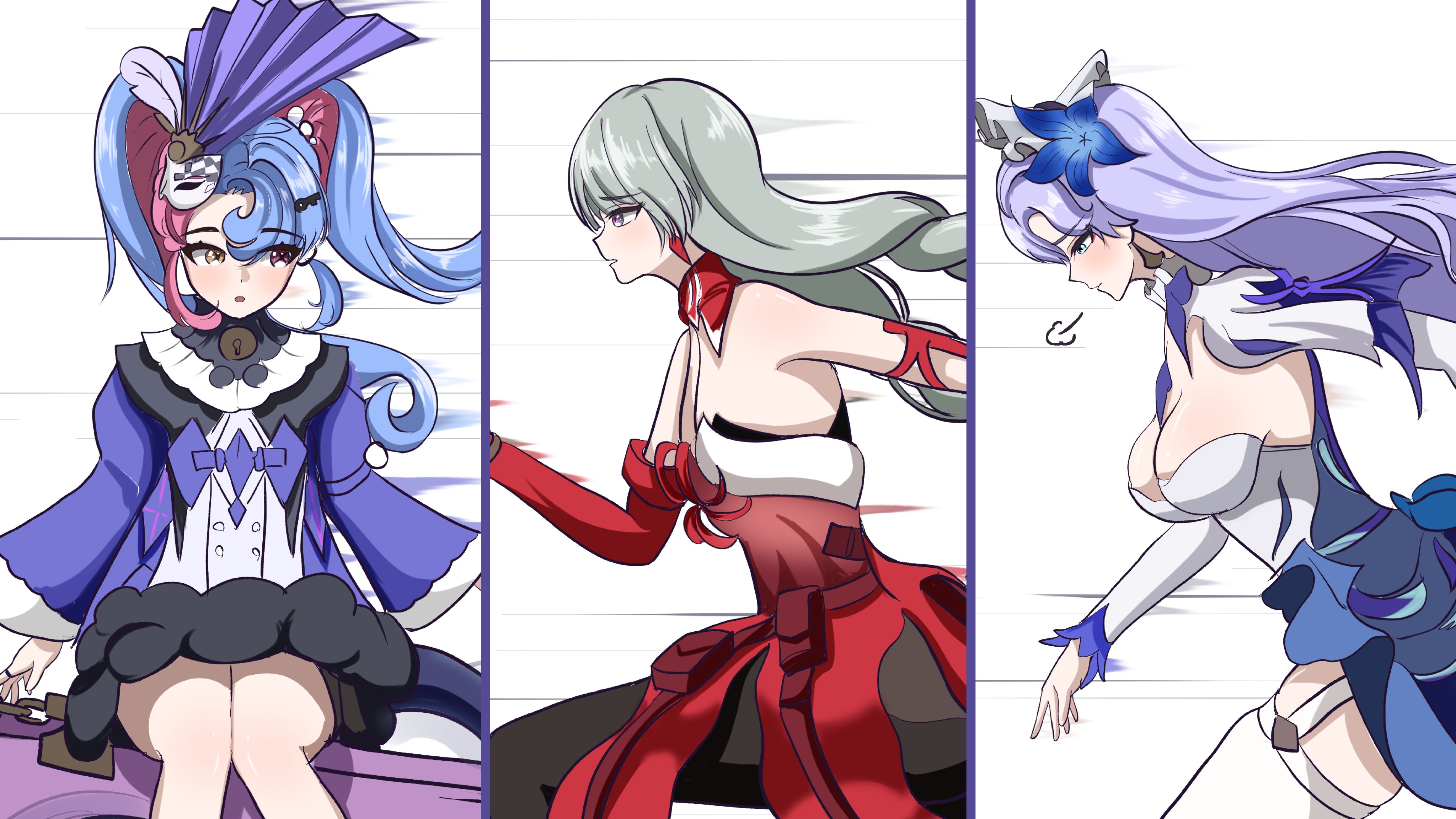 bunchosan dayo, cantarella (wuthering waves), phrolova (wuthering waves), roccia (wuthering waves), wuthering waves, absurdres, commentary request, highres, 3girls, bandaged arm, bandages, black collar, black pantyhose, blue flower, blue hair, braid, collar, detached sleeves, dress, earrings, eye mask, flower, grey hair, hair flower, hair ornament, halter dress, halterneck, heterochromia, jewelry, long hair, low twin braids, mask, mask on head, multicolored hair, multiple girls, pantyhose, pero (wuthering waves), pink eyes, pink hair, power connection, purple hair, red dress, running, single detached sleeve, single thighhigh, suitcase, thighhighs, twin braids, twintails, two-tone hair, white dress, white thighhighs, yellow eyes