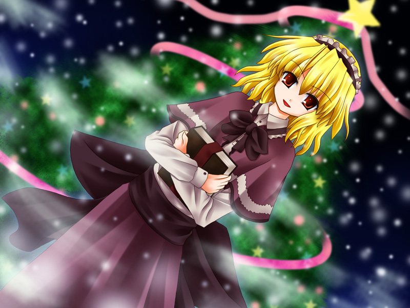 alice margatroid, touhou, 1girl, :d, alternate color, black dress, blonde hair, book, capelet, christmas, christmas tree, dress, dutch angle, female focus, frills, fur trim, holding, holding book, looking at viewer, maid headdress, open mouth, red dress, red eyes, santa costume, smile, snow, snowing, solo, star (symbol)