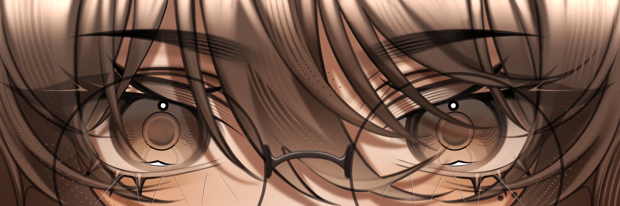 original, commentary, commission, english commentary, highres, vgen commission, 1other, black-framed eyewear, brown eyes, brown hair, close-up, eye focus, eyelashes, glasses, hair between eyes, kurase 07, looking at viewer, round eyewear, solo, straight-on, wispy bangs