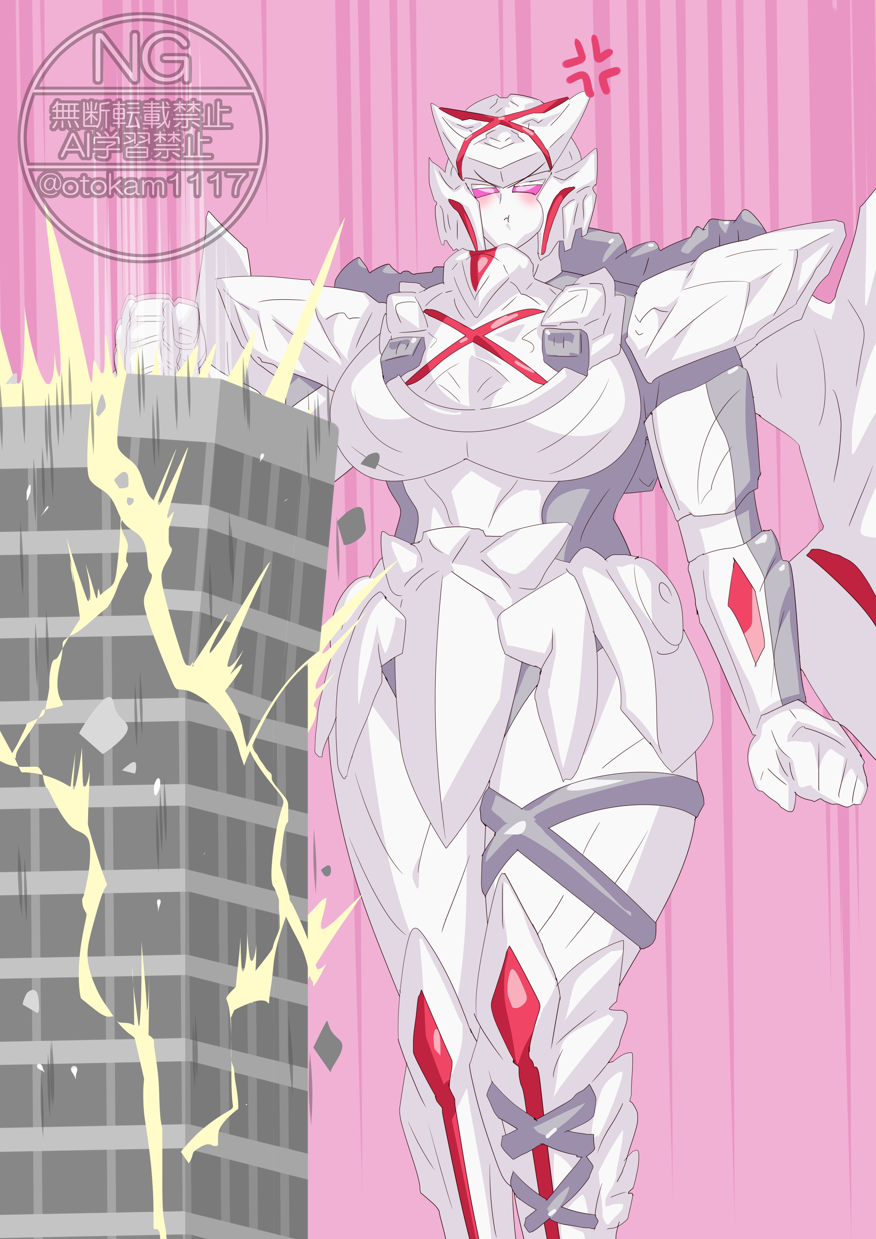 otokamu, queen tegajune, no.1 sentai gozyuger, super sentai, absurdres, highres, 1girl, blush, breasts, city, colored skin, crushing, giant, giantess, mechanical wings, pink background, pout, robot, tegajune, tokusatsu, white skin, wings
