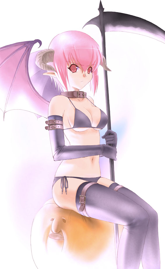 inu777, oouchi takadou, original, 1girl, annoyed, bat wings, bikini, breasts, collar, demon girl, elbow gloves, female focus, frown, gloves, horns, micro bikini, pink eyes, pink hair, pointy ears, scythe, short hair, side-tie bikini bottom, sitting, solo, strap, swimsuit, thigh strap, thighhighs, underboob, weapon, wings
