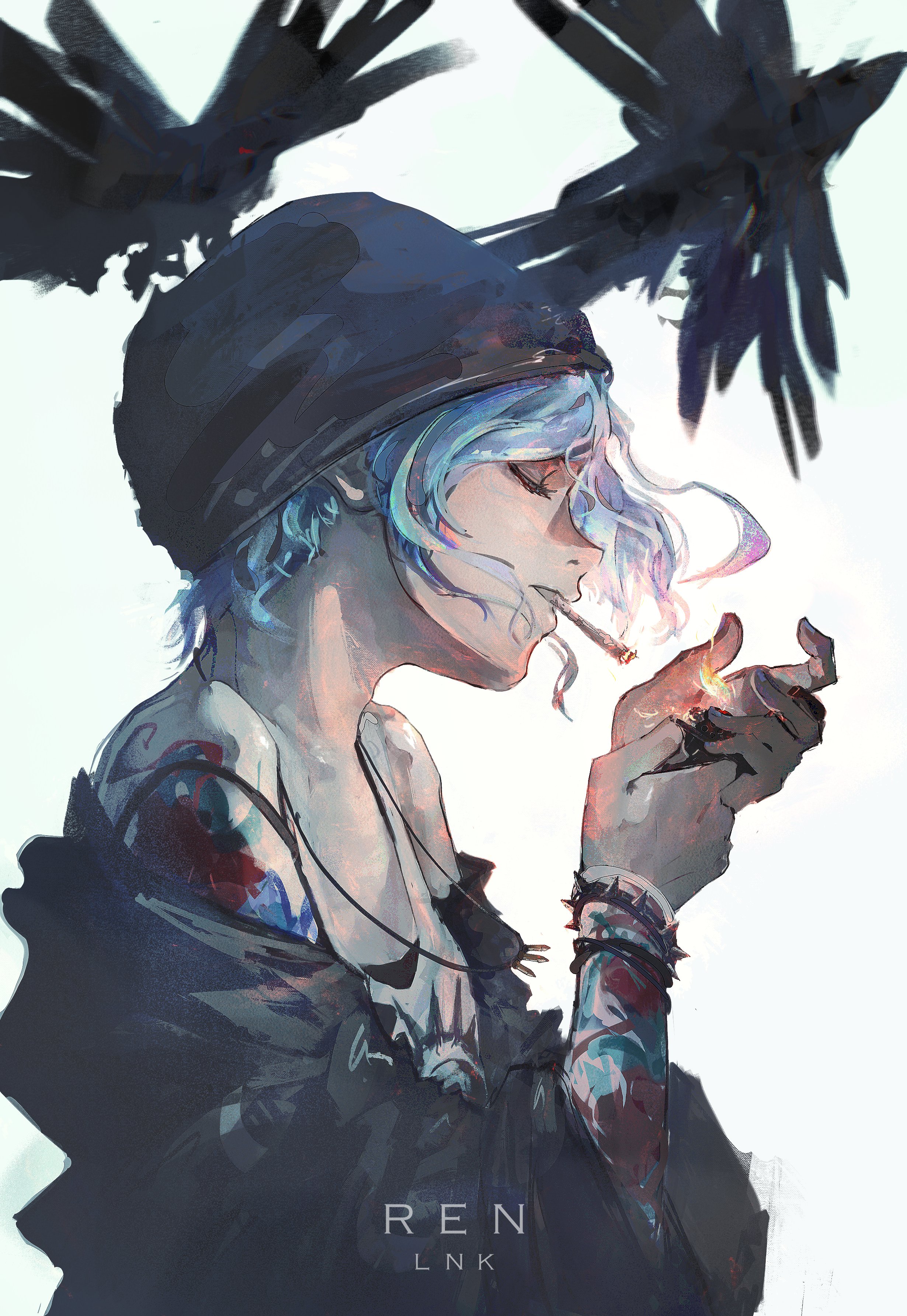 ren lnk, chloe price, life is strange (series), life is strange 1, absurdres, highres, 1girl, artist name, beanie, black hat, blue hair, cigarette, from side, hat, holding, holding lighter, lighter, shoulder tattoo, solo, tattoo, upper body, white background