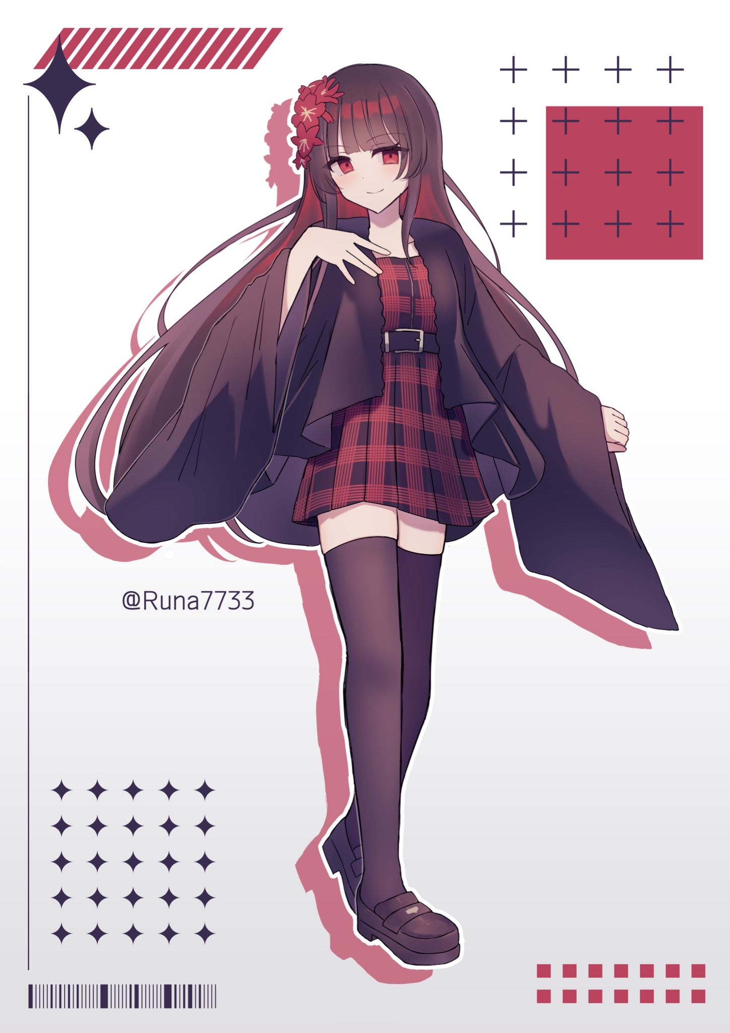 runa (runa7733), nikaidou hiro, mahou shoujo no majo saiban, highres, 1girl, alternate costume, belt, black belt, black hair, black jacket, black shoes, black thighhighs, closed mouth, dress, flower, flower on head, full body, jacket, loafers, long hair, long sleeves, looking at viewer, plaid clothes, plaid dress, red eyes, red flower, shoes, smile, solo, thighhighs, twitter username, very long hair, zettai ryouiki