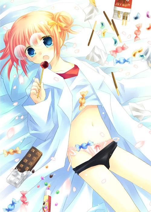 sakurazawa izumi, kagura (gintama), gintama, 00s, 1girl, bed, blue eyes, bow, candy, chocolate, chocolate bar, female focus, flat chest, food, hair bow, jelly bean, lab coat, lollipop, midriff, open clothes, panties, pocky, side-tie panties, solo, underwear
