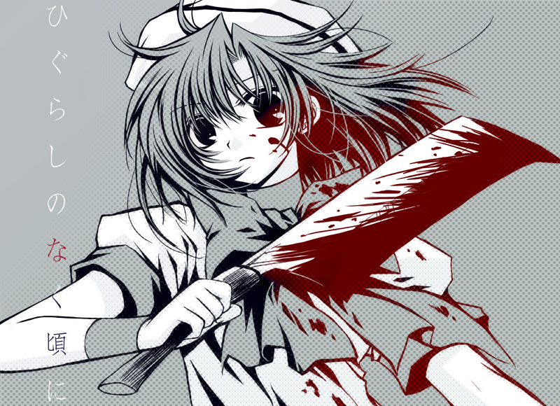 sakurazawa izumi, ryuuguu rena, higurashi no naku koro ni, translation request, 00s, 1girl, beret, billhook, blood, blush, dagger, female focus, grey theme, hashitsuki nata, hat, hatchet, knife, looking at viewer, monochrome, nata (tool), puffy short sleeves, puffy sleeves, red eyes, sailor collar, school uniform, serafuku, short sleeves, solo, spot color, upper body, weapon