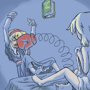 alice margatroid, kirisame marisa, flcl, lupin iii, touhou, lowres, > <, 2girls, bed, bed sheet, blonde hair, book, boxing gloves, closed eyes, failure, female focus, lupin dive, multiple girls, naked sheet, parody