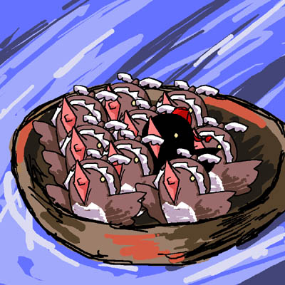 mystia lorelei, mystia lorelei (bird), shameimaru aya, shameimaru aya (crow), touhou, lowres, female focus, hat, in nest, nest, no humans, odd one out, open mouth, tokin hat, what