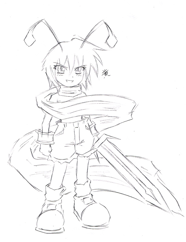 wong (pockethouse), laharl, wriggle nightbug, disgaea, makai senki disgaea, touhou, 1girl, antennae, censored, convenient censoring, cosplay, female focus, greyscale, laharl (cosplay), monochrome, parody, scarf, sketch, solo, sword, weapon, white background