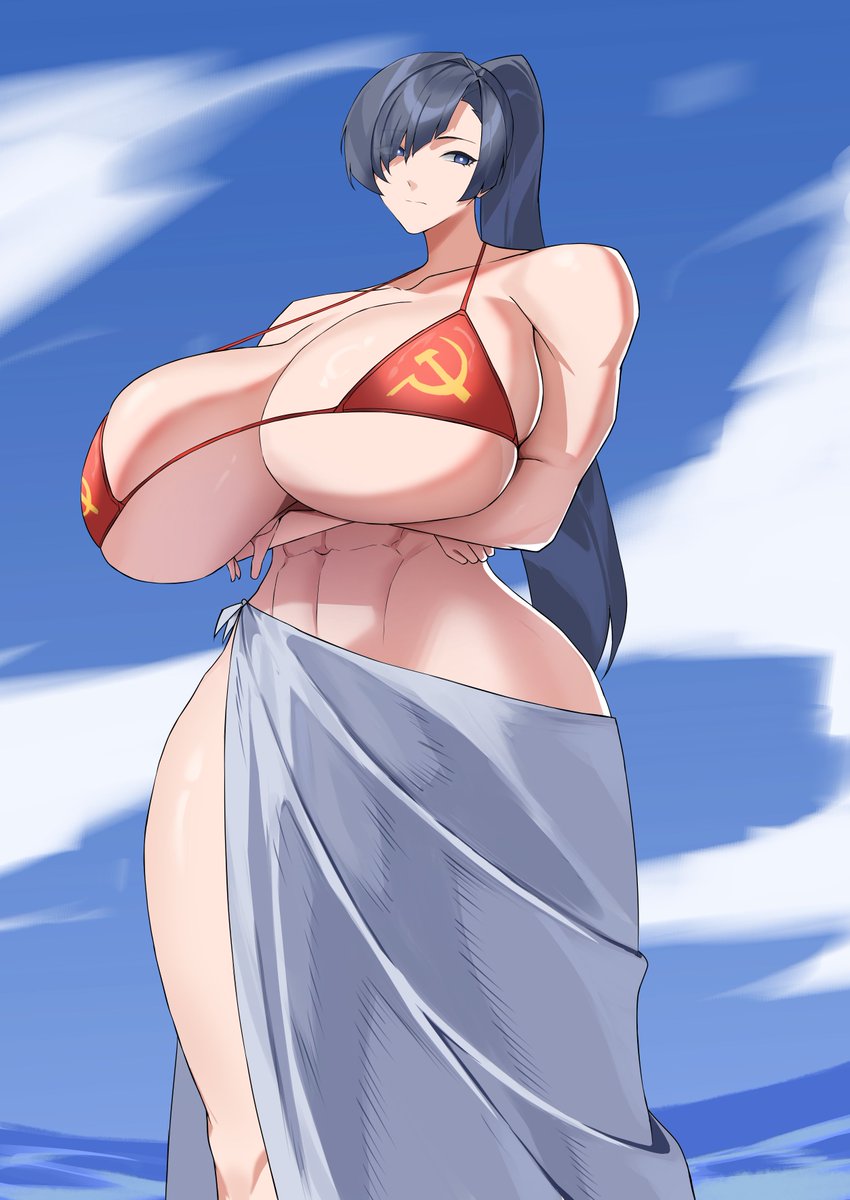 valentina (nuclear-il2), original, 1girl, abs, arms under breasts, bikini, bikini top only, black hair, blue eyes, blue sky, breasts, cloud, cloudy sky, crossed arms, huge breasts, long hair, muscular, muscular female, ponytail, sky, soviet, soviet flag print, swimsuit, thick thighs, thighs, towel, towel around waist, wide hips