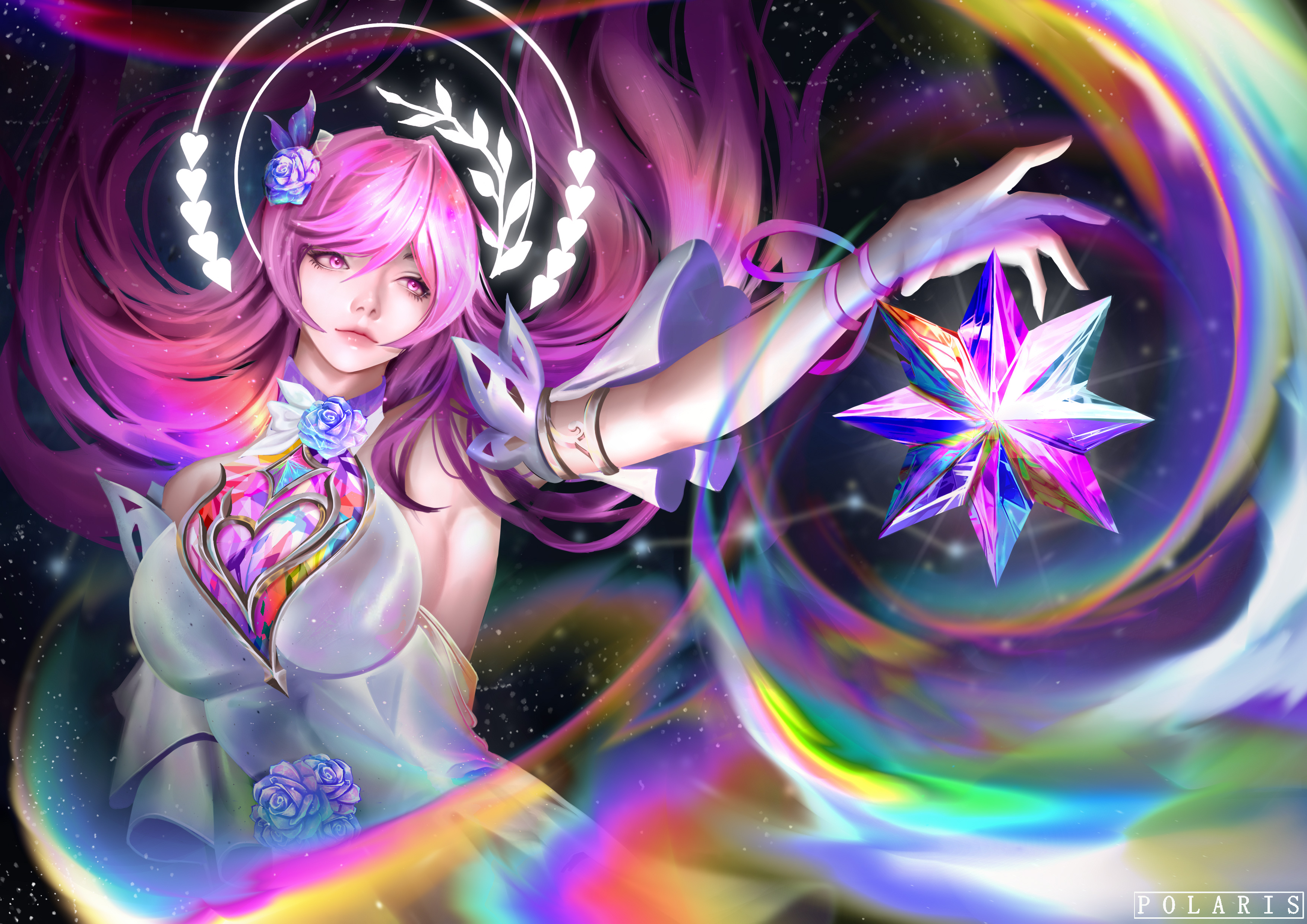 mass8273, cyrene (honkai: star rail), honkai: star rail, honkai (series), absurdres, commentary, english commentary, highres, 1girl, armlet, artist name, bare shoulders, breasts, closed mouth, crystal, dress, flower, hair flower, hair ornament, halo, jewelry, large breasts, long hair, outstretched arm, pink eyes, pink hair, purple flower, purple rose, realistic, rose, solo, very long hair, white dress